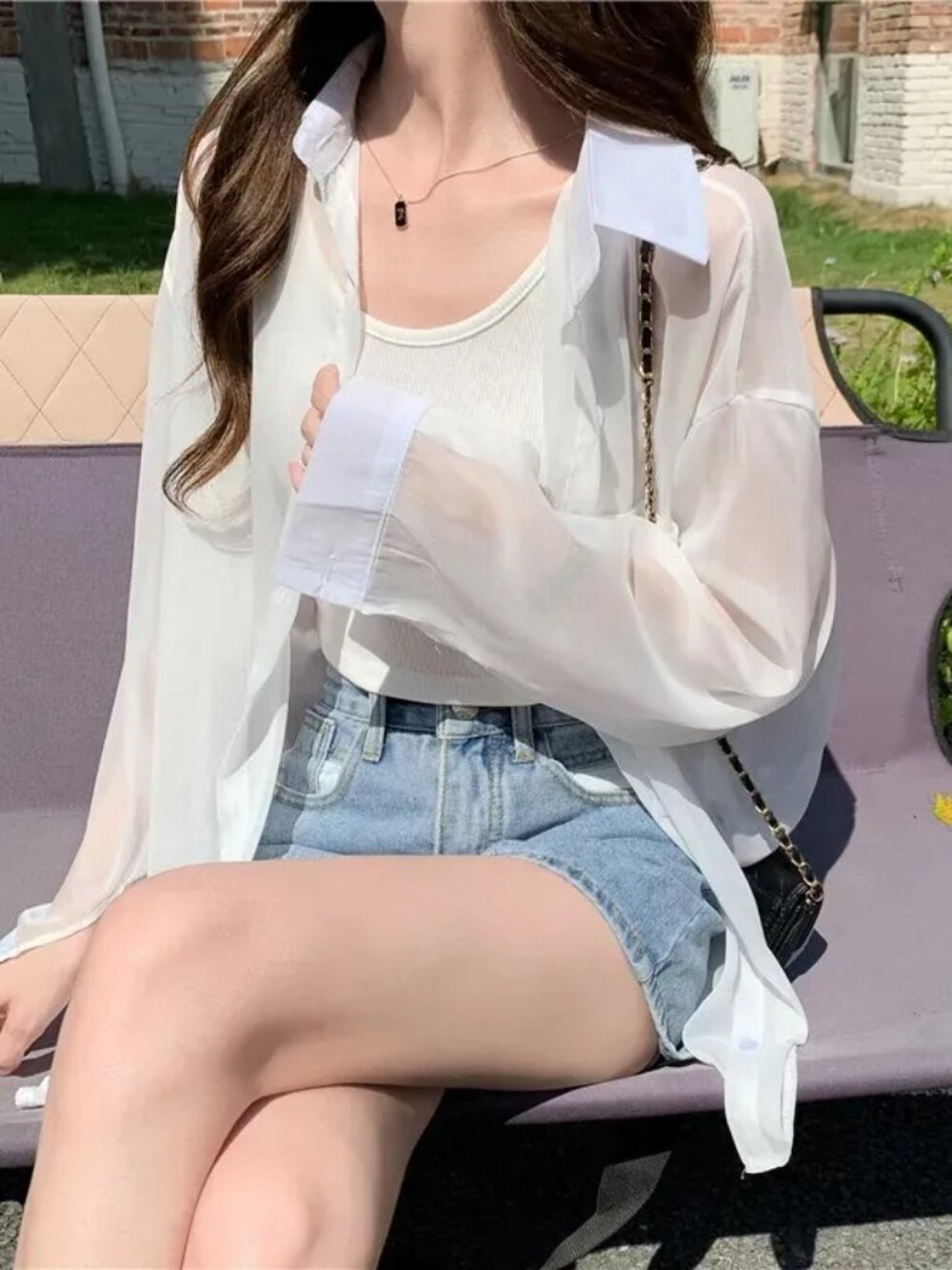 YesStyle Rosesand - Long-Sleeve Mesh Button-Up Shirt in Sheer White oversized